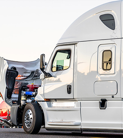 semi truck with hood open for maintenance